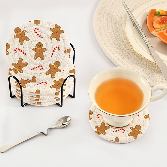 YETTASBIN Christmas Gingerbread Man 6 Pcs Drink Coasters with Holder, Cotton Woven Absorbent Heat-Resistant Round Coaster Set Tabletop Protector for Kitchen Bar Home Decor Housewarming Gift, 3.9 in