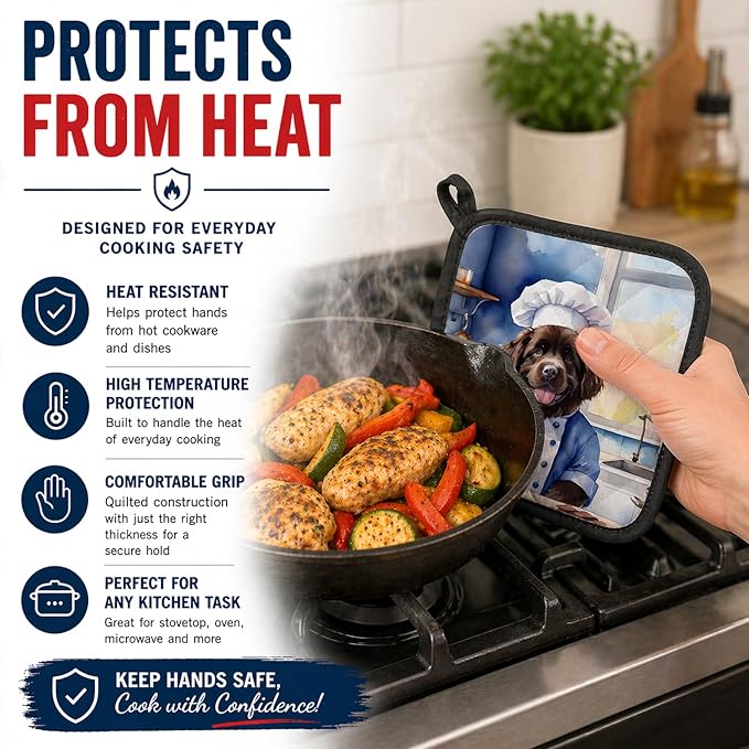 Caroline's Treasures Newfoundland The Chef Pair of Pot Holders Kitchen Heat Resistant Pot Holders Sets Oven Hot Pads for Cooking Baking BBQ, 7 1/2 x 7 1/2