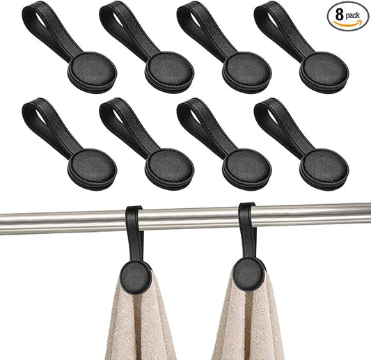 uxcell 8 Pcs Kitchen Magnetic Towel Clips, Leather Towel Holder Clip Multi-Purpose Hand Hooks Kitchen Accessories for Oven Handles Bars Racks, Black