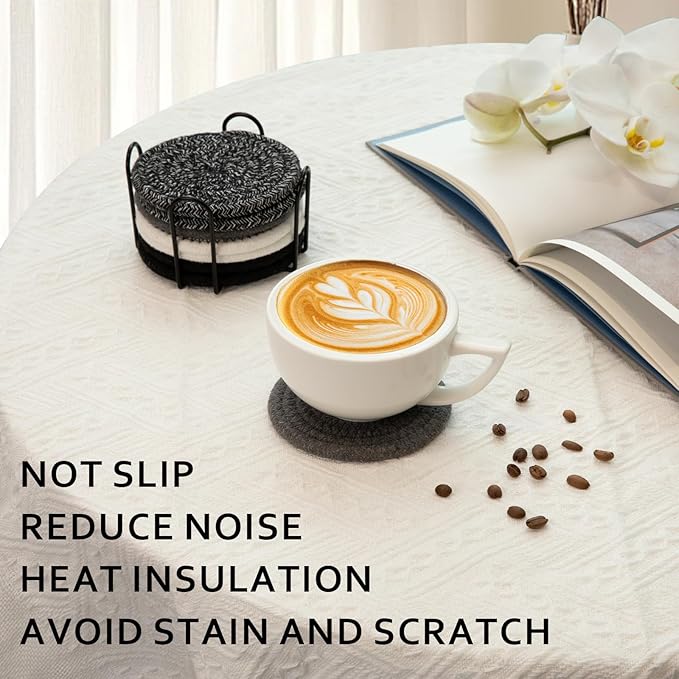OIAHOMY 8 Pcs Coasters with Holder for Beer, Coffee, Woven Cotton Coaster Set for Table Decor for Kitchen, Bar, Dining Room, Living Room, Housewarming Gifts - Black