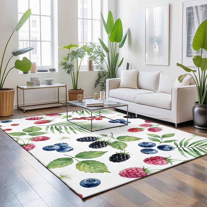 Area Rug 9x12ft, Farm Fruit Berry Cherry Blueberry Washable Rugs for Living Room Bedroom Rectangle Floor Carpet, Watercolor Mulberry Leaves Soft Non-Slip Area Rugs for Dining Room