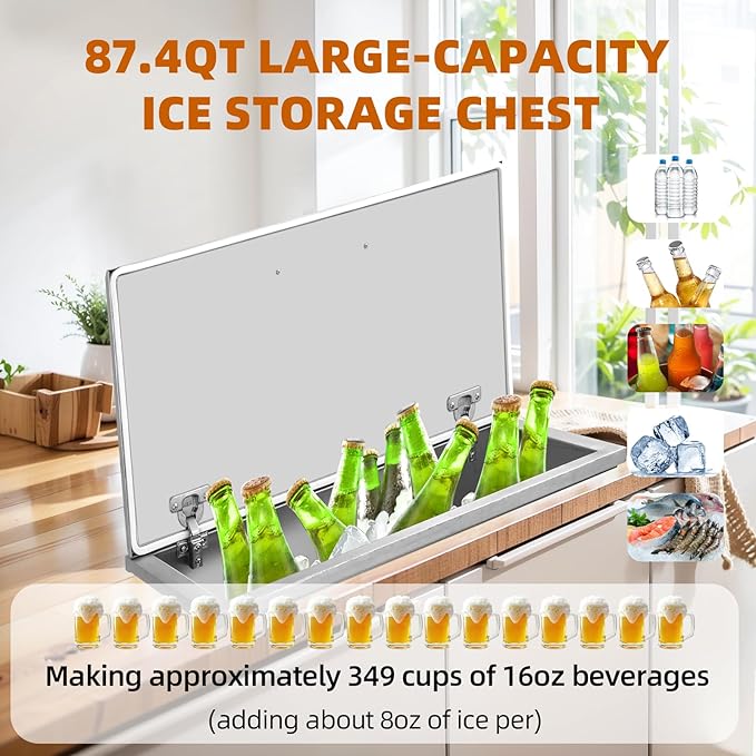 Drop In Ice Chest, 28''L x 14''W x 17''H Stainless Steel Ice Cooler, Commercial Ice Bin With Hinged Cover, 87.4QT Outdoor Kitchen Ice Bar, Drain-Pipe and Drain Plug Included,for Cold Wine Beer
