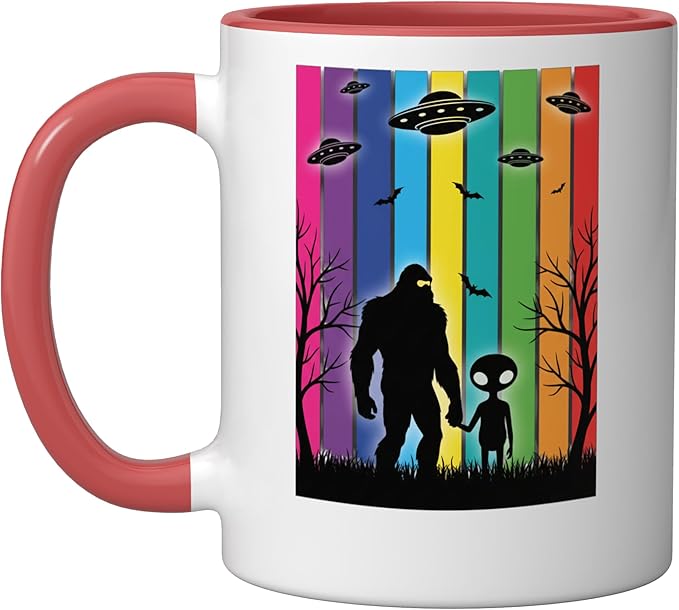 Bigfoot Holding Hands With Alien Ufo Rainbow Sci Fi Ceramic Mug, Red/White