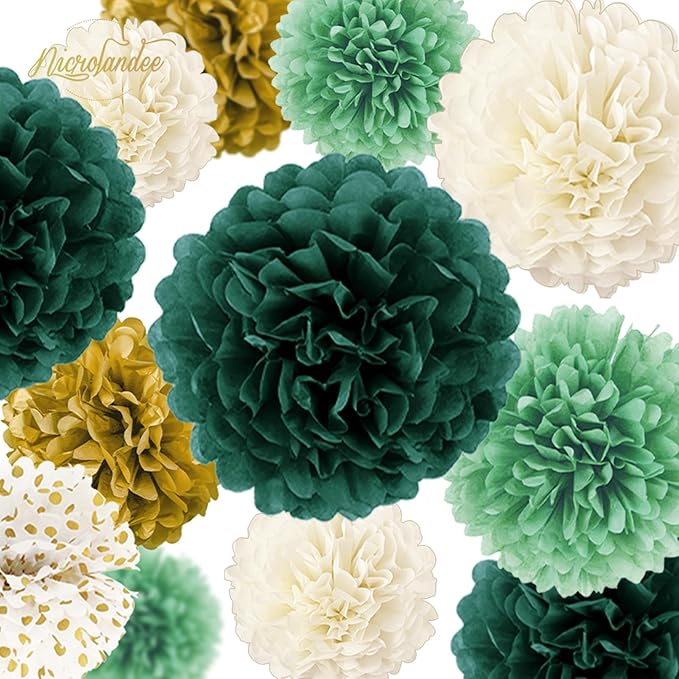 NICROLANDEE Green Wedding Party Decorations - 12 PCS Emerald Green Ivory Tissue Paper Pom Poms for Neutral Baby Shower, Vintage Party, Birthday, Bridal Showers, Rustic Wedding Decorations