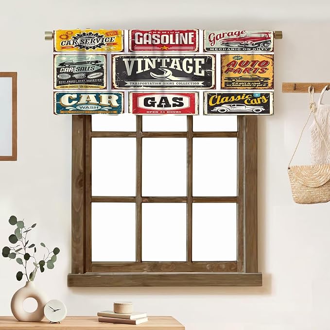 1950s Retro Valances Curtains Vintage Car Signs Automobile Advertising Repair Vehicle Garage Classics Servicing Windows Short Curtain Valance for Kitchen Bedroom with Rod Pocket 1 Panel 54X18 Inches