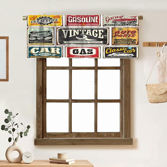 1950s Retro Valances Curtains Vintage Car Signs Automobile Advertising Repair Vehicle Garage Classics Servicing Windows Short Curtain Valance for Kitchen Bedroom with Rod Pocket 1 Panel 54X18 Inches