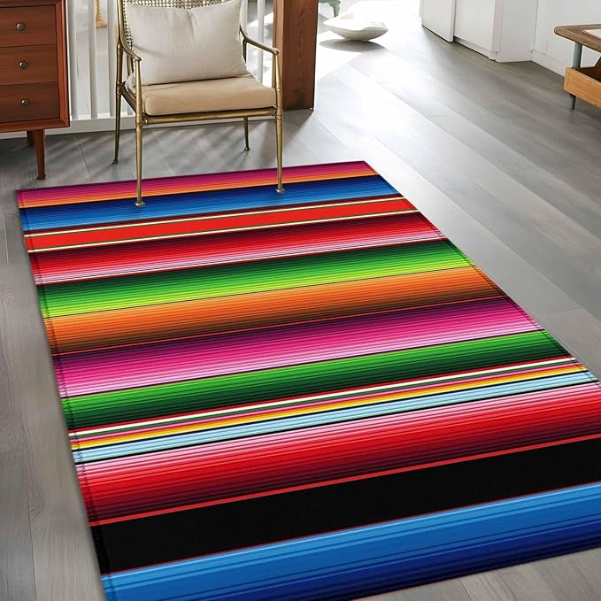 Area Rug 3x5ft, Mexico Art Colorful Stripes Washable Rugs for Living Room Bedroom, Color Gradient Lines Soft Non-Slip Area Rugs Rectangle Floor Carpet for Dining Room