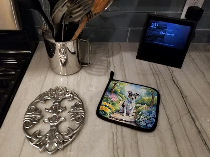 Caroline's Treasures Jack Russell Terrier Spring Path Pair of Pot Holders Kitchen Heat Resistant Pot Holders Sets Oven Hot Pads for Cooking Baking BBQ, 7 1/2 x 7 1/2