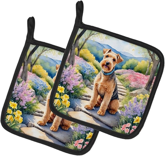 Caroline's Treasures Lakeland Terrier Spring Path Pair of Pot Holders Kitchen Heat Resistant Pot Holders Sets Oven Hot Pads for Cooking Baking BBQ, 7 1/2 x 7 1/2