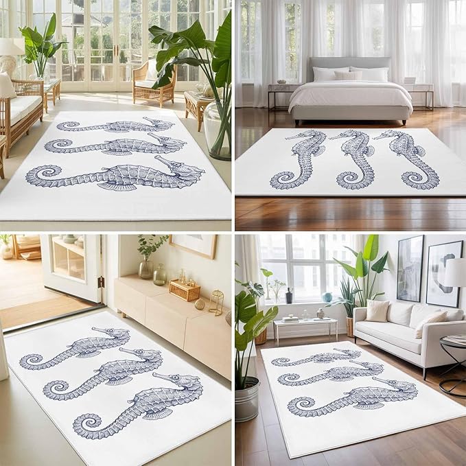 Area Rug 9x12ft, Summer Light Blue Seahorse Washable Rugs for Living Room Bedroom Rectangle Floor Carpet, Underwater Ocean Animals Soft Non-Slip Area Rugs for Dining Room