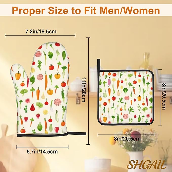 Oven Mitts and Hot Pads Set - Vegetables Pattern Funny Design, Heat Resistant Cute Pot Holders for Kitchen, Baking Gifts for Women