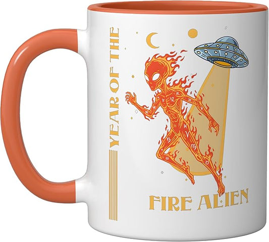 Year of the Fire Alien Chinese Zodiac Celestial Astrology Ceramic Mug, Orange/White