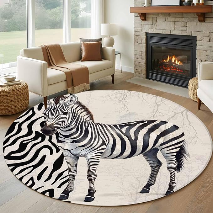 Washable Round Area Rug Zebra Black Stripe Animal Portrait Circle Rugs Floor Carpet for Living Room Bedroom, Vintage Tree Branch Soft Non Slip Round Rug 5ft