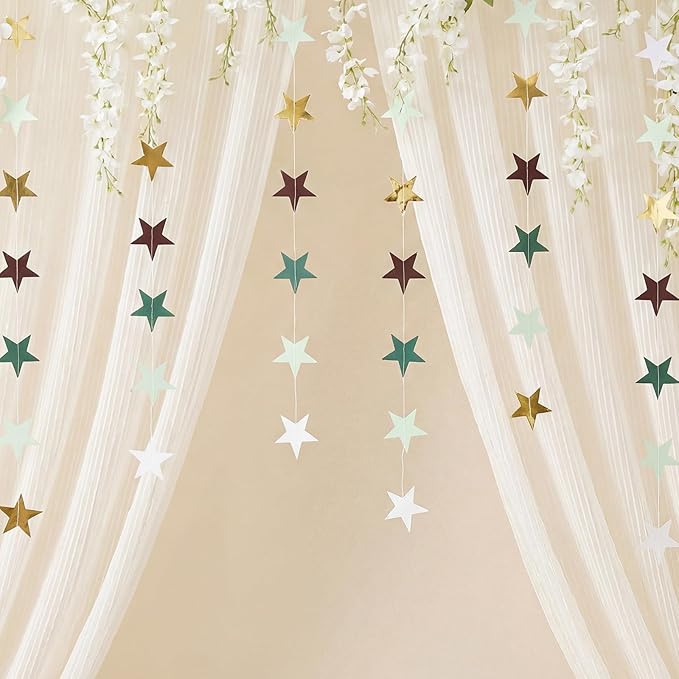 Patelai 130 Feet Glitter Star Garland Banner 2026 Party Decoration Double Side Star Hanging String Streamer Paper Twinkle for Graduation Wedding Birthday (White,Light/Dark Green,Brown,Gold)