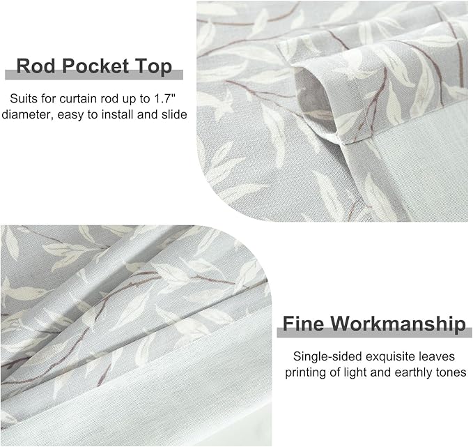 Leeva Grey Valances for Windows, Linen Textured Light Filtering Small Window Kitchen Curtain, Leaves Printing Rod Pocket Cafe Valance for Bedroom Living Room, 60" W x 18" L, 1 Piece