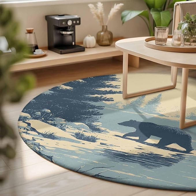 Washable Round Area Rug Winter Bear Evergreen Trees Circle Rugs Floor Carpet for Living Room Bedroom, Rustic Snow River Soft Non Slip Round Rug 3ft