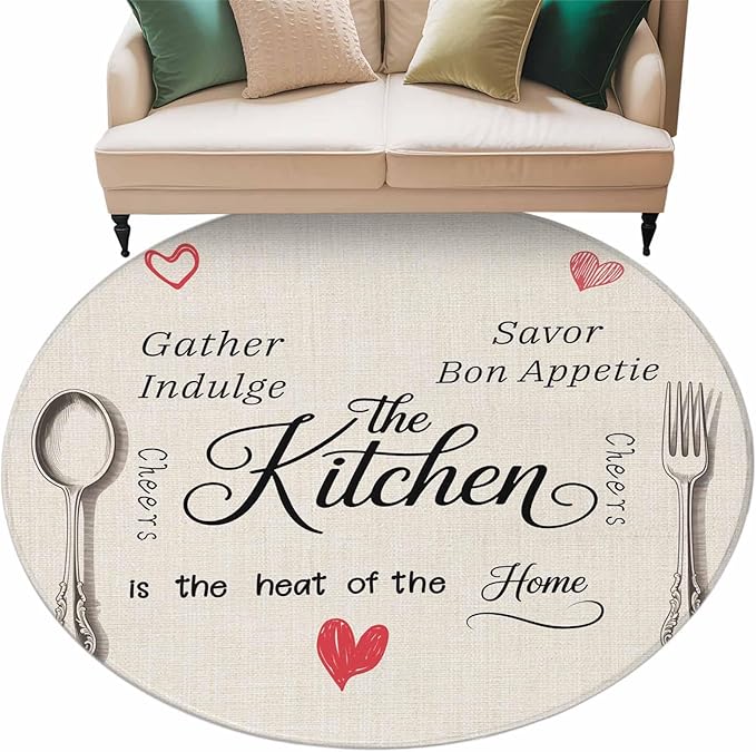 Washable Round Area Rug Spoon Fork Vintage Farmhouse Circle Rugs Floor Carpet for Living Room Bedroom, Abstract Love Retro Linen Soft Non Slip Round Rug 5ft