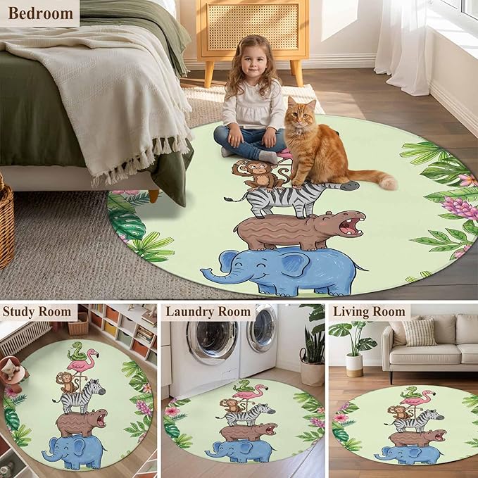 Washable Round Area Rug Funny Elephant Zebra Flamingo Circle Rugs Floor Carpet for Living Room Bedroom, Tropical Leaves Floral Soft Non Slip Round Rug 5ft