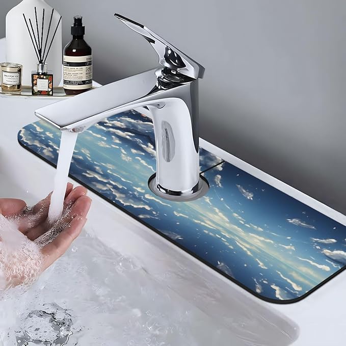 Blue Sky and White Clouds Printed Faucet Absorbent mat, Suitable for bathrooms, Kitchens, and Other Sink Areas.