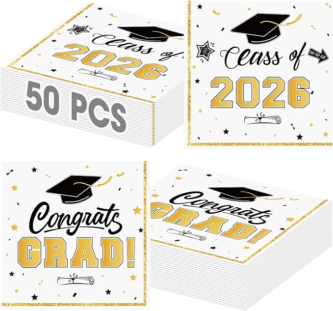 50 Pcs Graduation Napkins Decorations - White Gold Class of 2026 Congrats GRAD 3-Ply Paper Cocktail Dinner Napkins Set for 2026 Graduation Party Supplies Table Decor Favors, 6.5 x 6.5 Inch