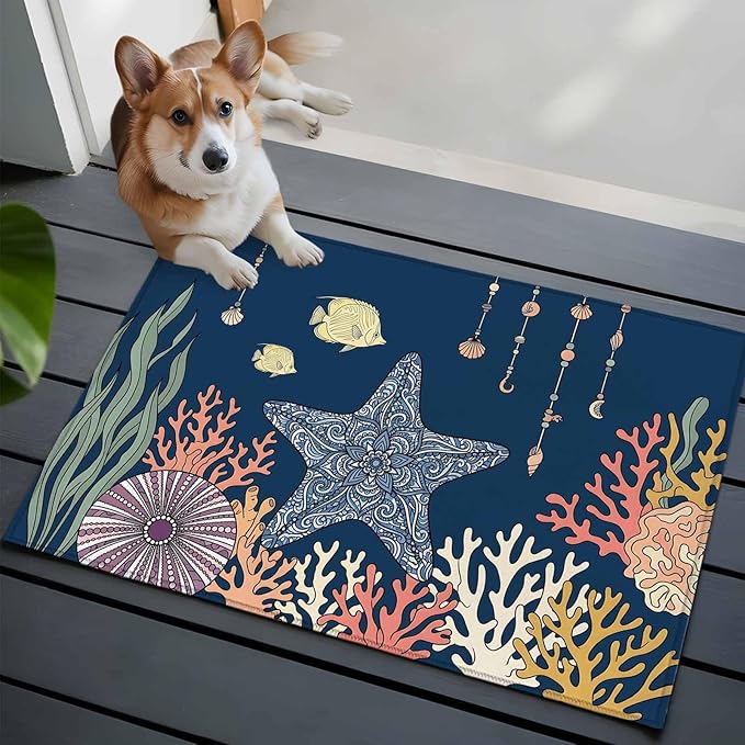 Area Rug 2x3ft, Ocean Starfish Coral Fish Washable Rugs for Living Room Bedroom, Underwater Creature on Navy Blue Soft Non-Slip Area Rugs Rectangle Floor Carpet for Dining Room