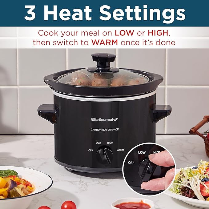 Elite Gourmet MST239X Electric Round Slow Cooker, Adjustable Temp, Entrees, Sauces, Stews & Dips, Dishwasher Safe Glass Lid & Crock, 2 Quart, Black