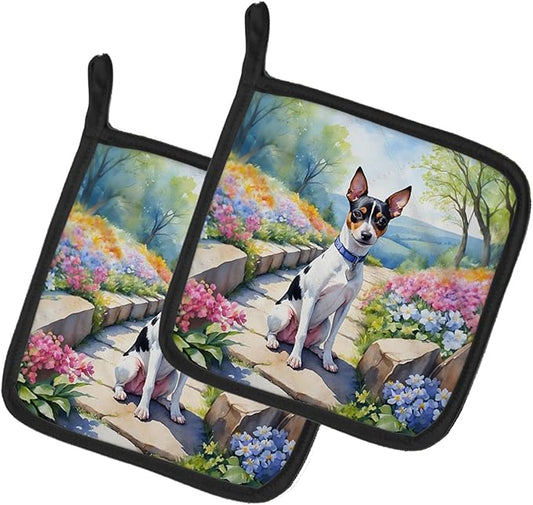 Caroline's Treasures Rat Terrier Spring Path Pair of Pot Holders Kitchen Heat Resistant Pot Holders Sets Oven Hot Pads for Cooking Baking BBQ, 7 1/2 x 7 1/2