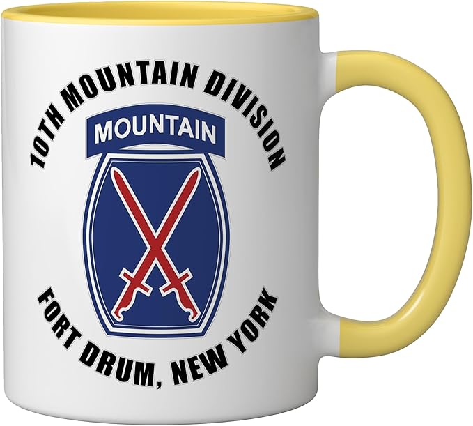10th Mountain Division Fort Drum New York Veteran Ceramic Mug, Yellow/White