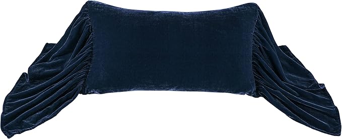 HiEnd Accents Stella Faux Silk Velvet Long Ruffled Pillow, 14x26 inch, Midnight Blue, Romantic Western Modern Traditional Style Luxury Bedding, Decorative Throw Pillow