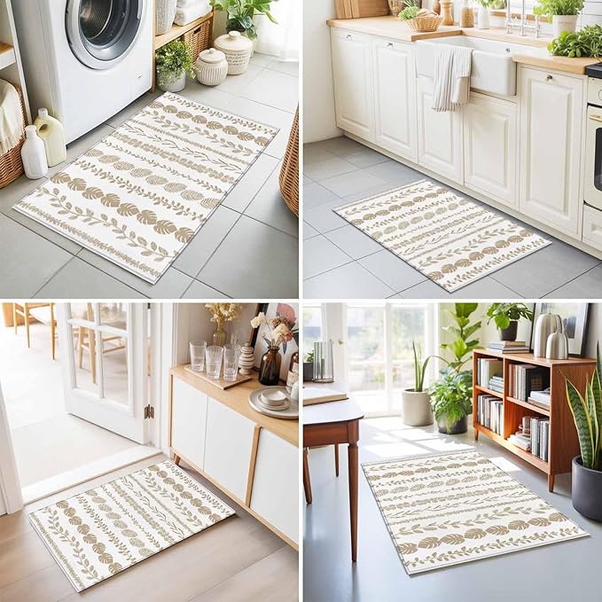 Area Rug 2x3ft, Farmhouse Monstera Leaf Seamless Washable Rugs for Living Room Bedroom, Summer Rustic Abstract Leaves Soft Non-Slip Area Rugs Rectangle Floor Carpet for Dining Room