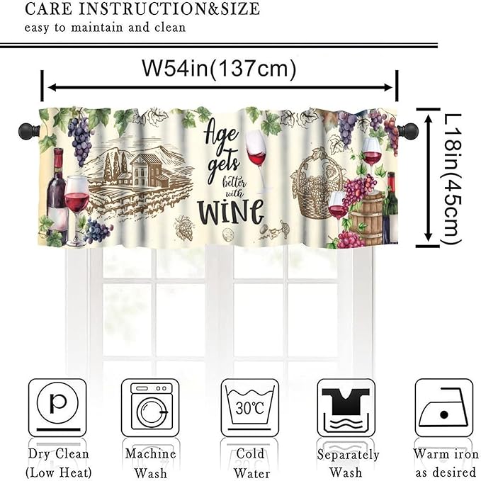 Rustic Wine Kitchen Valance, Vintage Vineyard Grapevine Wineglass Farmhouse Decor Short Window Drapes for Bedroom Living Room Home Bar Decoration, 54x18Inch