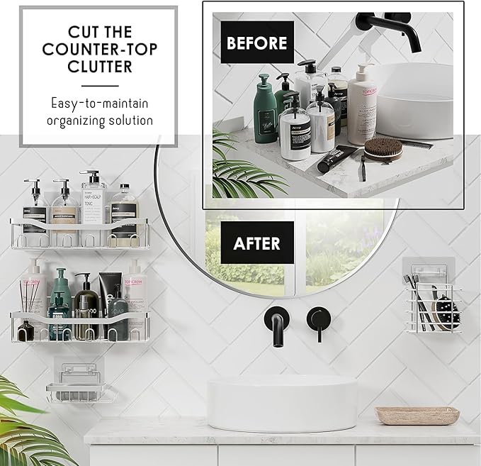 Clara Clark White Bathroom Set - Bathroom Sets with Shower Curtain and Rugs, 26PC Bathroom Accessory Set, Shower Curtain Set with Adhesive Corner Shower Caddy Hanging & Soap Dispenser