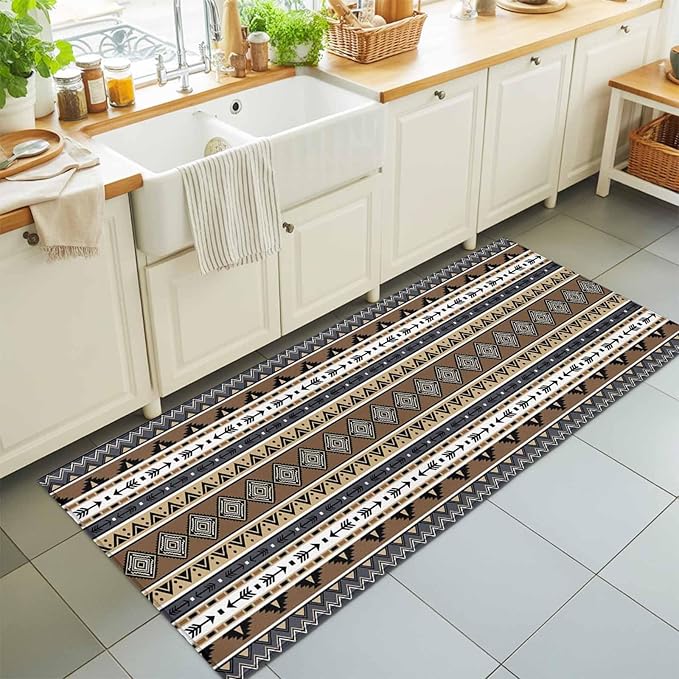 Runner Rug for Bedroom Hallway, Boho Tribal Stripes Kitchen Runner Rugs Area Rug 2x6ft, Ethnic Borders Arrow Motifs Washable Soft Floor Carpet for Entryway Stair