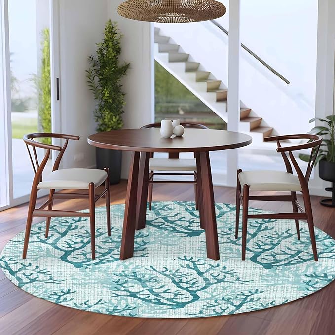 Washable Round Area Rug Coastal Sea Coral Retro Linen Circle Rugs Floor Carpet for Living Room Bedroom, Underwater Ocean Life Soft Non Slip Round Rug 5ft