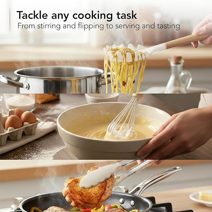 OVENTE Silicone Cooking Utensils Set, 17pcs Heat Resistant Kitchen Tools and Gadgets for Nonstick Cookware, BPA Free Spatula Set with Wooden Handle, Cup Holder, Oven Gloves and Hot Pads, Cream SPS17CR