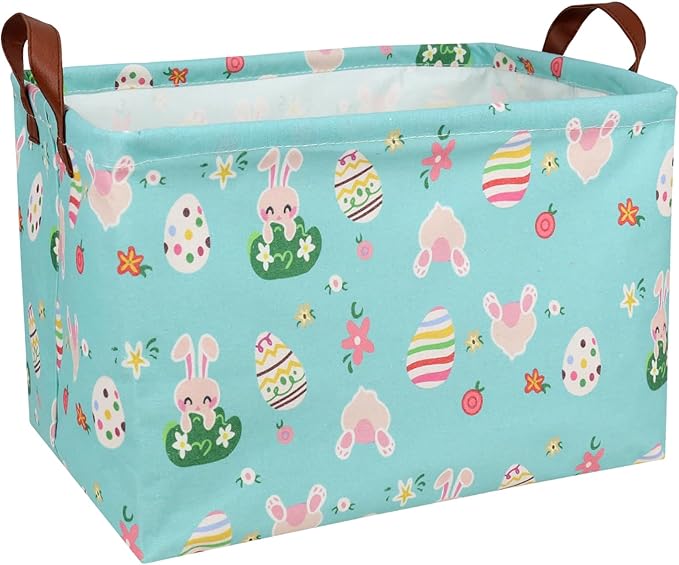 Large Rectangular Cute Kid Easter Basket Empty Bunny Eggs Easter Basket Gift Spring Room Storage Organizer Décor (Rabbit Easter Egg With Blue Background)