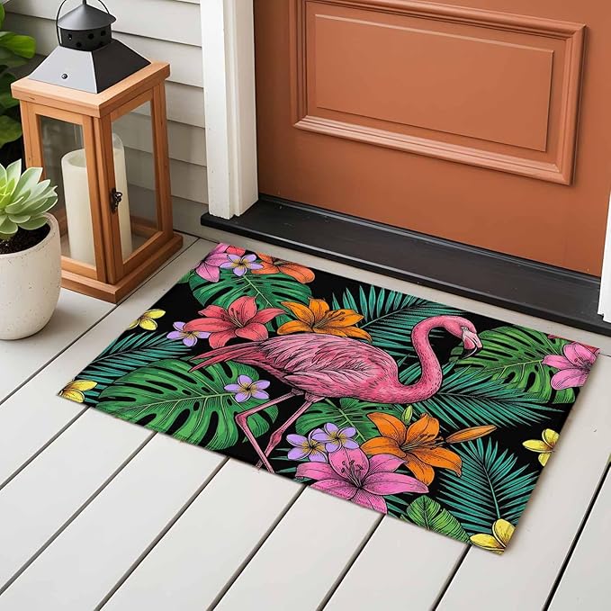 Area Rug 2x3ft, Pink Flamingos Tropical Leaf Washable Rugs for Living Room Bedroom, Colorful Lily Blossom Floral Soft Non-Slip Area Rugs Rectangle Floor Carpet for Dining Room