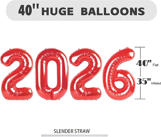 2026 Balloon Number Red Number Ballon 2026 Party Decorations for Happy New Years, 40 Inch Big Balloons for 2026 Birthday Anniversaries Celebration Graduation Wedding
