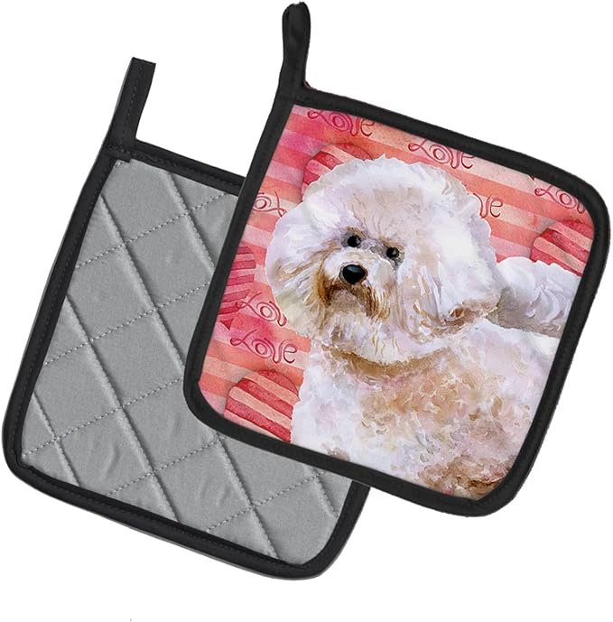 Caroline's Treasures BB9792PTHD Bichon Frise #2 Love Pair of Pot Holders, Red Kitchen Heat Resistant Pot Holders Sets Oven Hot Pads for Cooking Baking BBQ, 7 1/2 x 7 1/2