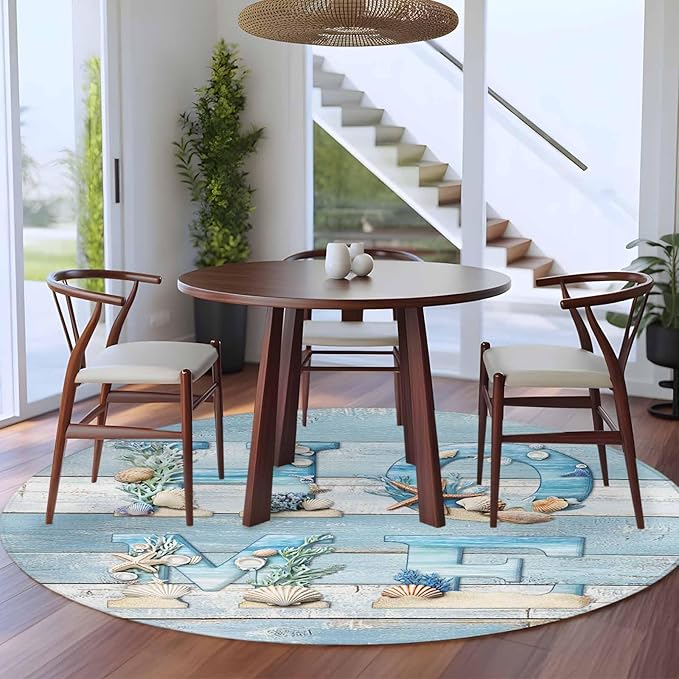 Washable Round Area Rug Summer Ocean Beach Shell Home Quote Circle Rugs Floor Carpet for Living Room Bedroom, Farm Blue Wood Board Soft Non Slip Round Rug 5ft
