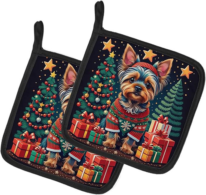 Caroline's Treasures Yorkie Yorkshire Terrier Christmas Pair of Pot Holders Kitchen Heat Resistant Pot Holders Sets Oven Hot Pads for Cooking Baking BBQ, 7 1/2 x 7 1/2