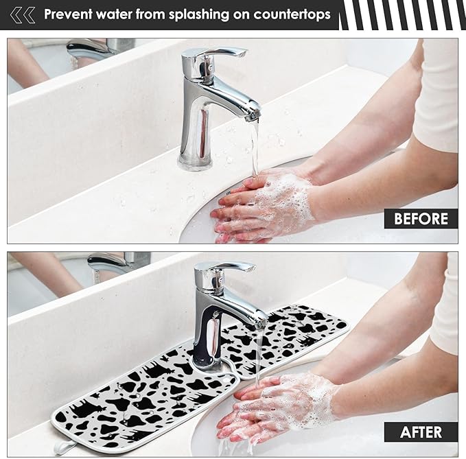 Kitchen Faucet Absorbent Mat,Cow Print Water Splash Guard for Sink, Faucet Drip Catcher Thicken Sponge Microfiber Faucet Water Catcher Mat Sink Absorbent Mat for Kitchen 14x5in 2 Pack