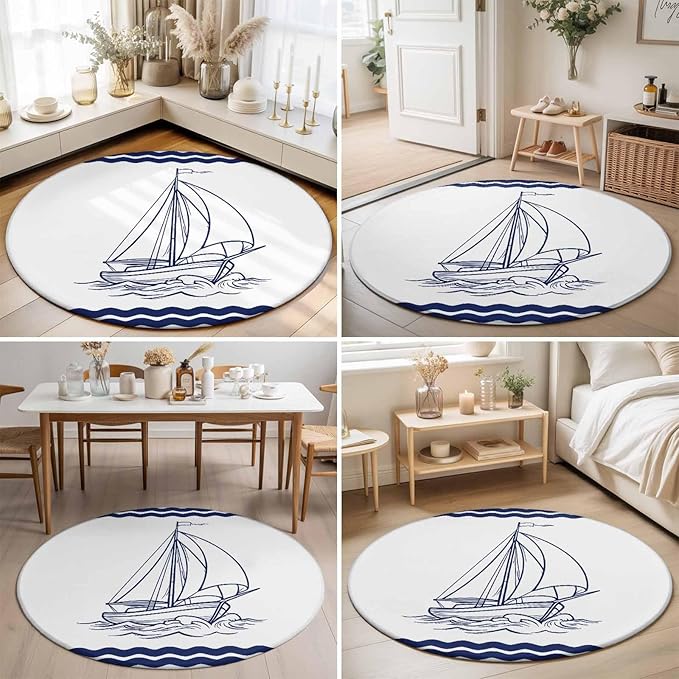 Washable Round Area Rug Summer Ocean Nautical Sailboat Circle Rugs Floor Carpet for Living Room Bedroom, Marine Theme Navy Blue Stripe Soft Non Slip Round Rug 3ft