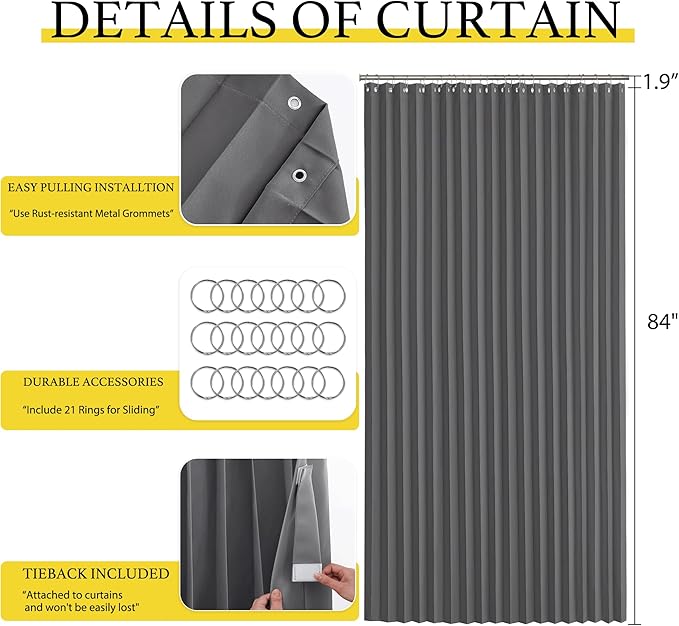 NICETOWN Blackout Room Divider Curtain for Bedroom 84 inches Long, Curtain for Patio Sliding Door & Living Room, Thermal Insulated Privacy Drapes with 21 Stainless Rings, 1 Panel, Grey, 100" Wide