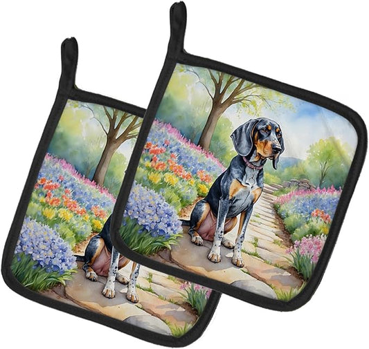 Caroline's Treasures Bluetick Coonhound Spring Path Pair of Pot Holders Kitchen Heat Resistant Pot Holders Sets Oven Hot Pads for Cooking Baking BBQ, 7 1/2 x 7 1/2