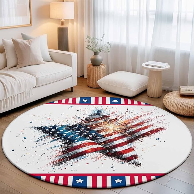 Washable Round Area Rug 4th of July Stars Stripes Abstract Flag Circle Rugs Floor Carpet for Living Room Bedroom, Patriotic Theme Soft Non Slip Round Rug 3ft