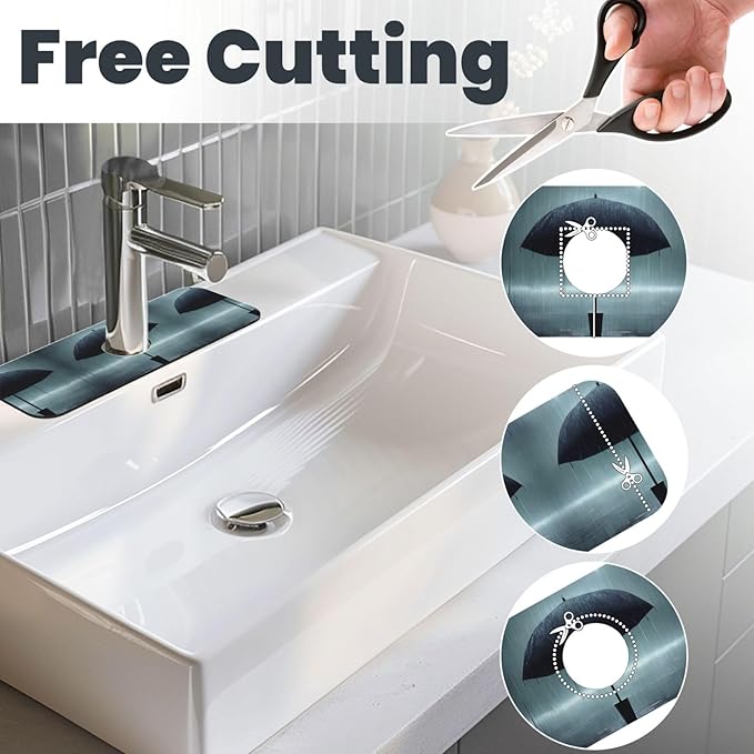 Black Umbrella in the rain Printed Faucet Absorbent mat, Suitable for bathrooms, Kitchens, and Other Sink Areas.