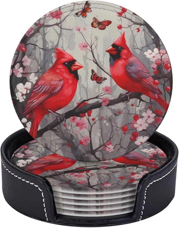 Famame 6 Pcs Butterflies Birds Cherry Leather Coasters for Drinks with Holder Coaster Sets Drink Table Cup Coasters for Living Room Kitchen Coffee Decor