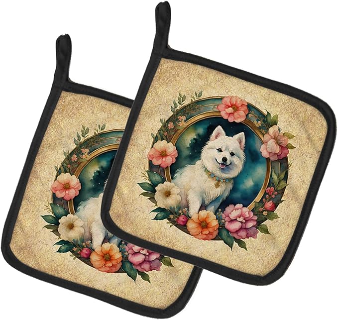 Caroline's Treasures Japanese Spitz and Flowers Pair of Pot Holders Kitchen Heat Resistant Pot Holders Sets Oven Hot Pads for Cooking Baking BBQ, 7 1/2 x 7 1/2