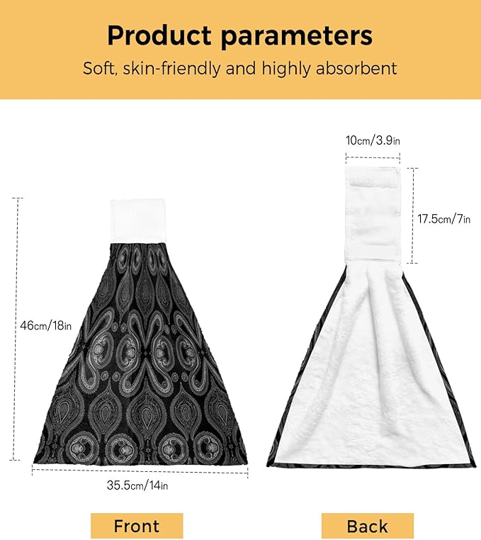 Alandar Home Kitchen Tie Towel Set of 2, Traditional Paisley Vintage Flower Absorbent Soft Hand Towels for Bathroom Hanging Towels, Oriental Themed Pattern Fast Drying Cleaning Cloth with Loop